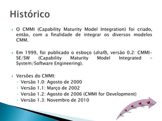    O CMMI (Capability Maturity Model Integration) foi criado,
    então, com a finalidade de integrar os diversos modelos
    CMM.

   Em 1999, foi publicado o esboço (draft), versão 0.2: CMMI-
    SE/SW    (Capability   Maturity   Model      Integrated  –
    System/Software Engineering).

   Versões do CMMI:
    ◦ Versão 1.0: Agosto de 2000
    ◦ Versão 1.1: Março de 2002
    ◦ Versão 1.2: Agosto de 2006 (CMMI for Development)
    ◦ Versão 1.3: Novembro de 2010
 