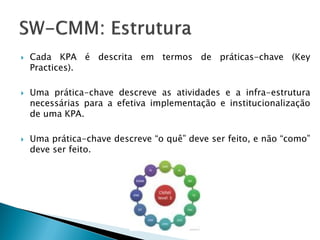    Cada KPA é descrita em termos de práticas-chave (Key
    Practices).

   Uma prática-chave descreve as atividades e a infra-estrutura
    necessárias para a efetiva implementação e institucionalização
    de uma KPA.

   Uma prática-chave descreve “o quê” deve ser feito, e não “como”
    deve ser feito.
 