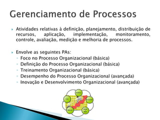   Atividades relativas à definição, planejamento, distribuição de
    recursos,    aplicação,     implementação,    monitoramento,
    controle, avaliação, medição e melhoria de processos.

   Envolve as seguintes PAs:
    ◦ Foco no Processo Organizacional (básica)
    ◦ Definição do Processo Organizacional (básica)
    ◦ Treinamento Organizacional (básica)
    ◦ Desempenho do Processo Organizacional (avançada)
    ◦ Inovação e Desenvolvimento Organizacional (avançada)
 