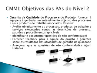   Garantia da Qualidade do Processo e do Produto: fornecer à
    equipe e à gerência um entendimento objetivo dos processos
    e seus produtos de trabalho associados. Envolve:
    ◦ Avaliar objetivamente os processos, produtos de trabalho e
      serviços executados contra as descrições de processo,
      padrões e procedimentos aplicáveis
    ◦ Identificar e documentar questões de não conformidades
    ◦ Fornecer feedback para a equipe do projeto e gerentes
      sobre os resultados das atividades de garantia da qualidade
    ◦ Assegurar que as questões de não conformidades sejam
      tratadas
 
