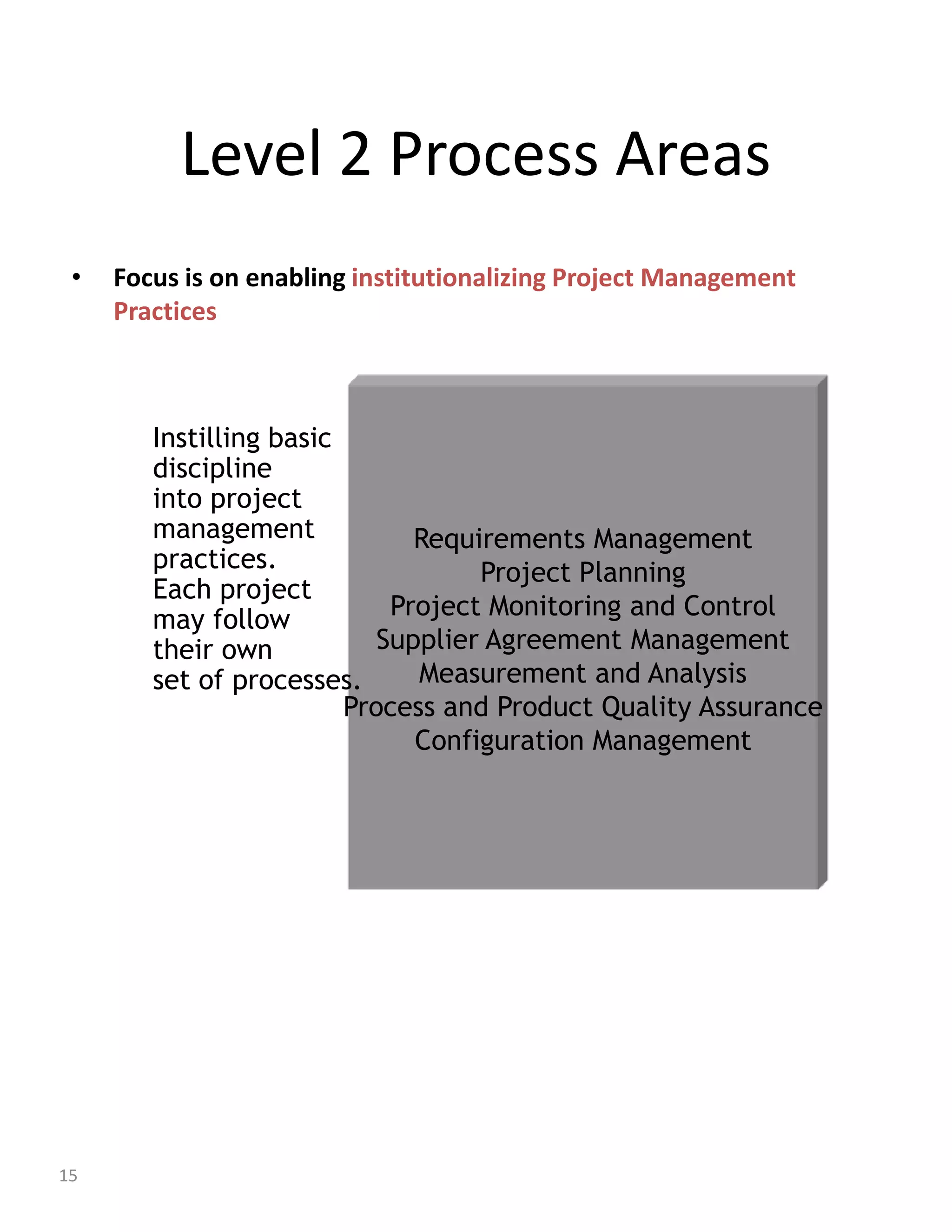 Level 2 Process Areas
 •   Focus is on enabling institutionalizing Project Management
     Practices



        Instilling basic
        discipline
        into project
        management             Requirements Management
        practices.                  Project Planning
        Each project
        may follow           Project Monitoring and Control
        their own           Supplier Agreement Management
        set of processes.      Measurement and Analysis
                         Process and Product Quality Assurance
                               Configuration Management




15
 