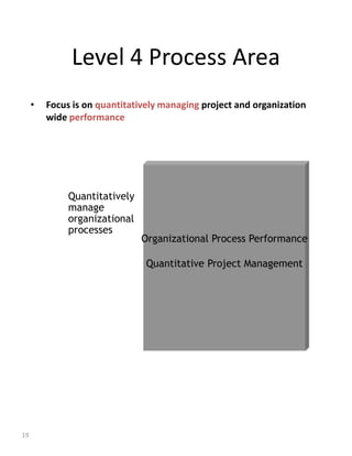 Level 4 Process Area
     •   Focus is on quantitatively managing project and organization
         wide performance




              Quantitatively
              manage
              organizational
              processes
                               Organizational Process Performance

                                Quantitative Project Management




19
 