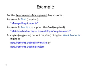 18
Example
For the Requirements Management Process Area:
An example Goal (required):
“Manage Requirements”
An example Practice to support the Goal (required):
“Maintain bi-directional traceability of requirements”
Examples (suggested, but not required) of typical Work Products
might be
Requirements traceability matrix or
Requirements tracking system
 