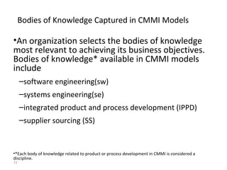 21
Bodies of Knowledge Captured in CMMI Models
•An organization selects the bodies of knowledge
most relevant to achieving its business objectives.
Bodies of knowledge* available in CMMI models
include
–software engineering(sw)
–systems engineering(se)
–integrated product and process development (IPPD)
–supplier sourcing (SS)
•*Each body of knowledge related to product or process development in CMMI is considered a
discipline.
 