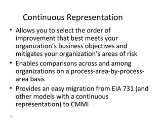 38
Continuous Representation
• Allows you to select the order of
improvement that best meets your
organization’s business objectives and
mitigates your organization’s areas of risk
• Enables comparisons across and among
organizations on a process-area-by-process-
area basis
• Provides an easy migration from EIA 731 (and
other models with a continuous
representation) to CMMI
 