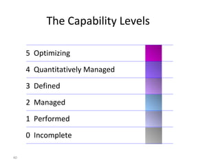40
The Capability Levels
5 Optimizing
4 Quantitatively Managed
3 Defined
2 Managed
1 Performed
0 Incomplete
 