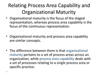 41
Relating Process Area Capability and
Organizational Maturity
• Organizational maturity is the focus of the staged
representation, whereas process area capability is the
focus of the continuous representation.
• Organizational maturity and process area capability
are similar concepts.
• The difference between them is that organizational
maturity pertains to a set of process areas across an
organization, while process area capability deals with
a set of processes relating to a single process area or
specific practice.
 