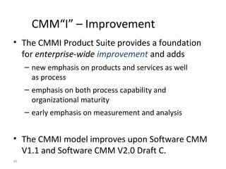 45
CMM“I” – Improvement
• The CMMI Product Suite provides a foundation
for enterprise-wide improvement and adds
– new emphasis on products and services as well
as process
– emphasis on both process capability and
organizational maturity
– early emphasis on measurement and analysis
• The CMMI model improves upon Software CMM
V1.1 and Software CMM V2.0 Draft C.
 