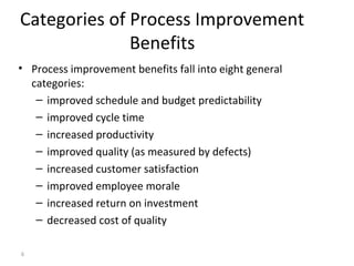 6
Categories of Process Improvement
Benefits
• Process improvement benefits fall into eight general
categories:
– improved schedule and budget predictability
– improved cycle time
– increased productivity
– improved quality (as measured by defects)
– increased customer satisfaction
– improved employee morale
– increased return on investment
– decreased cost of quality
 