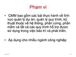 Phạm vi CMM bao gồm các bài thực hành về lĩnh vực quản lý dự án, quản lý quy trình, kỹ thuật thuộc về hệ thống, phần cứng, phần mềm và tất cả các quy trình hỗ trợ được sử dụng trong việc bảo trì và phát triển. Áp dụng cho nhiều ngành công nghiệp 04/12/11 