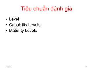 Tiêu chuẩn đánh giá Level Capability Levels Maturity Levels 04/12/11 