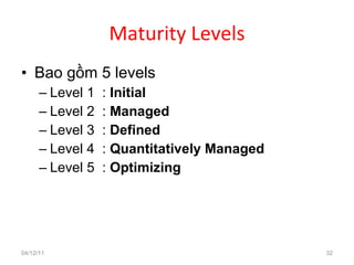 Maturity Levels Bao gồm 5 levels Level 1  :  Initial Level 2  :  Managed Level 3  :  Defined Level 4  :  Quantitatively Managed   Level 5  :  Optimizing 04/12/11 
