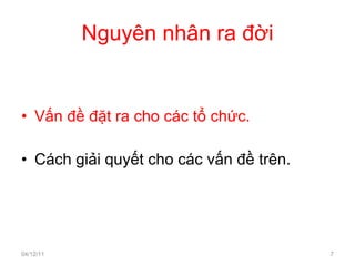Nguyên nhân ra đời Vấn đề đặt ra cho các tổ chức. Cách giải quyết cho các vấn đề trên. 04/12/11 