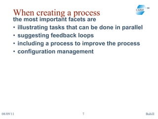When creating a process the most important facets are illustrating tasks that can be done in parallel suggesting feedback loops including a process to improve the process configuration management 08/09/11 Bahill 