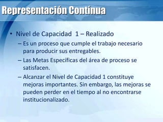 Representación Contínua
• Nivel de Capacidad 1 – Realizado
– Es un proceso que cumple el trabajo necesario
para producir sus entregables.
– Las Metas Específicas del área de proceso se
satisfacen.
– Alcanzar el Nivel de Capacidad 1 constituye
mejoras importantes. Sin embargo, las mejoras se
pueden perder en el tiempo al no encontrarse
institucionalizado.
 