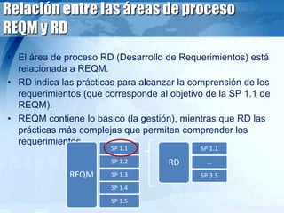 Relación entre las áreas de proceso
REQM y RD
• El área de proceso RD (Desarrollo de Requerimientos) está
relacionada a REQM.
• RD indica las prácticas para alcanzar la comprensión de los
requerimientos (que corresponde al objetivo de la SP 1.1 de
REQM).
• REQM contiene lo básico (la gestión), mientras que RD las
prácticas más complejas que permiten comprender los
requerimientos.
SP 1.1
SP 1.2
SP 1.3
SP 1.4
SP 1.5
REQM
RD
SP 1.1
…
SP 3.5
 