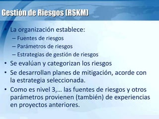 Gestión de Riesgos (RSKM)
• La organización establece:
– Fuentes de riesgos
– Parámetros de riesgos
– Estrategias de gestión de riesgos
• Se evalúan y categorizan los riesgos
• Se desarrollan planes de mitigación, acorde con
la estrategia seleccionada.
• Como es nivel 3,… las fuentes de riesgos y otros
parámetros provienen (también) de experiencias
en proyectos anteriores.
 