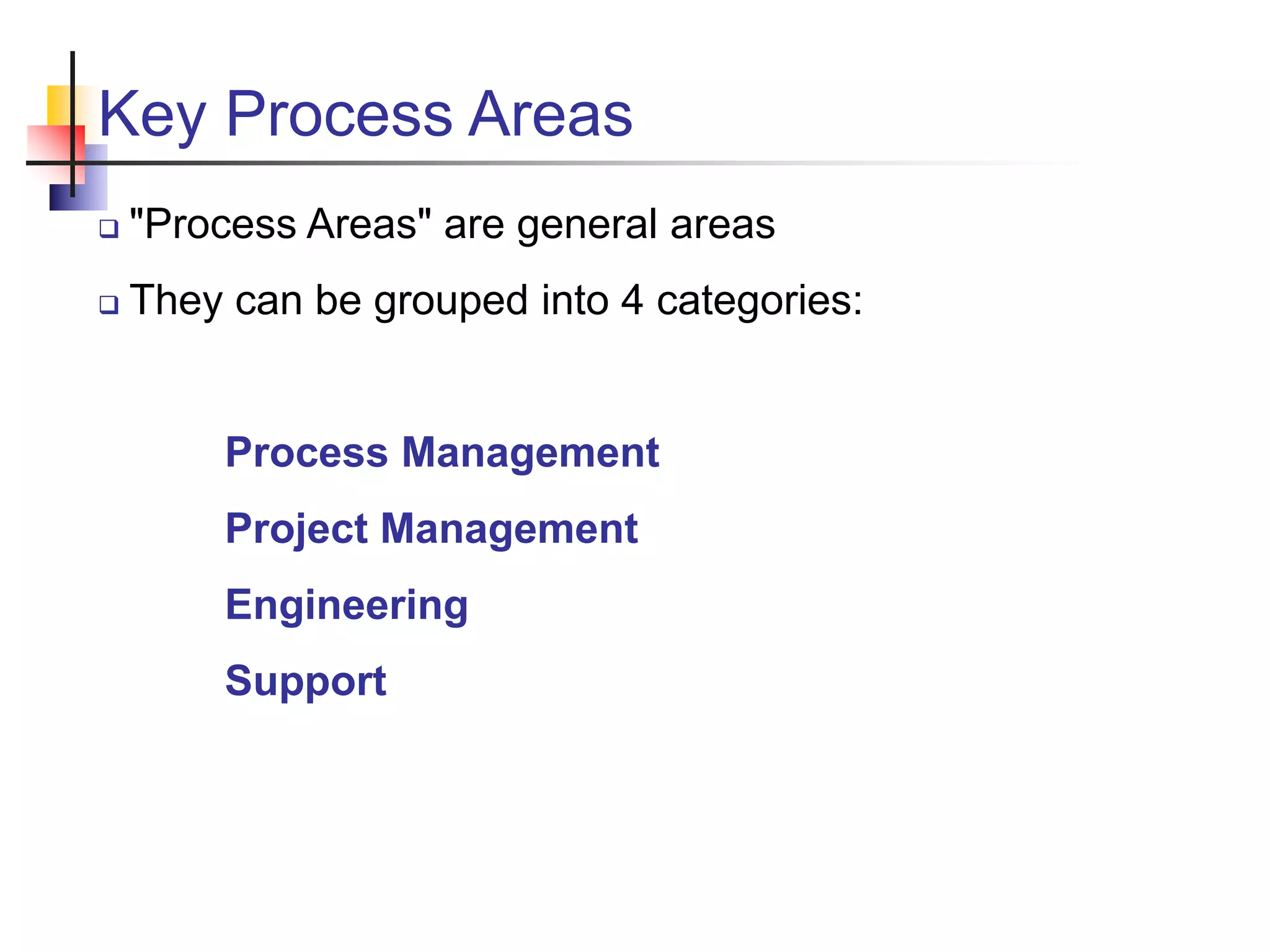 Key Process Areas
 "Process Areas" are general areas
 They can be grouped into 4 categories:
Process Management
Project Management
Engineering
Support
 