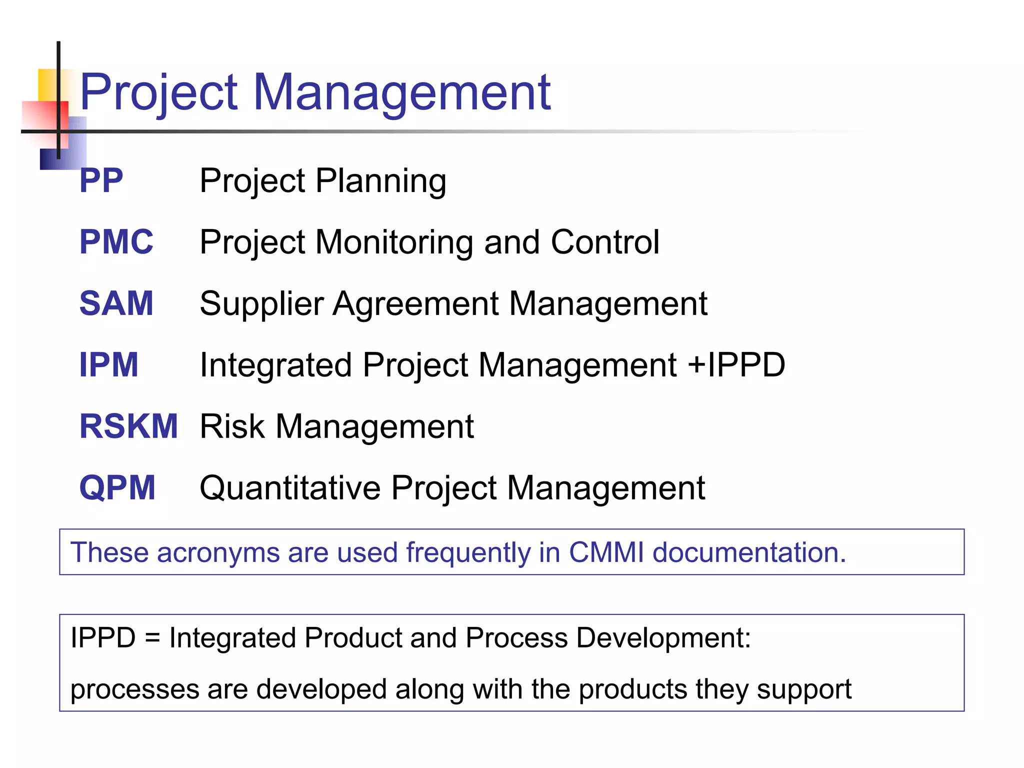 Project Management
PP Project Planning
PMC Project Monitoring and Control
SAM Supplier Agreement Management
IPM Integrated Project Management +IPPD
RSKM Risk Management
QPM Quantitative Project Management
These acronyms are used frequently in CMMI documentation.
IPPD = Integrated Product and Process Development:
processes are developed along with the products they support
 