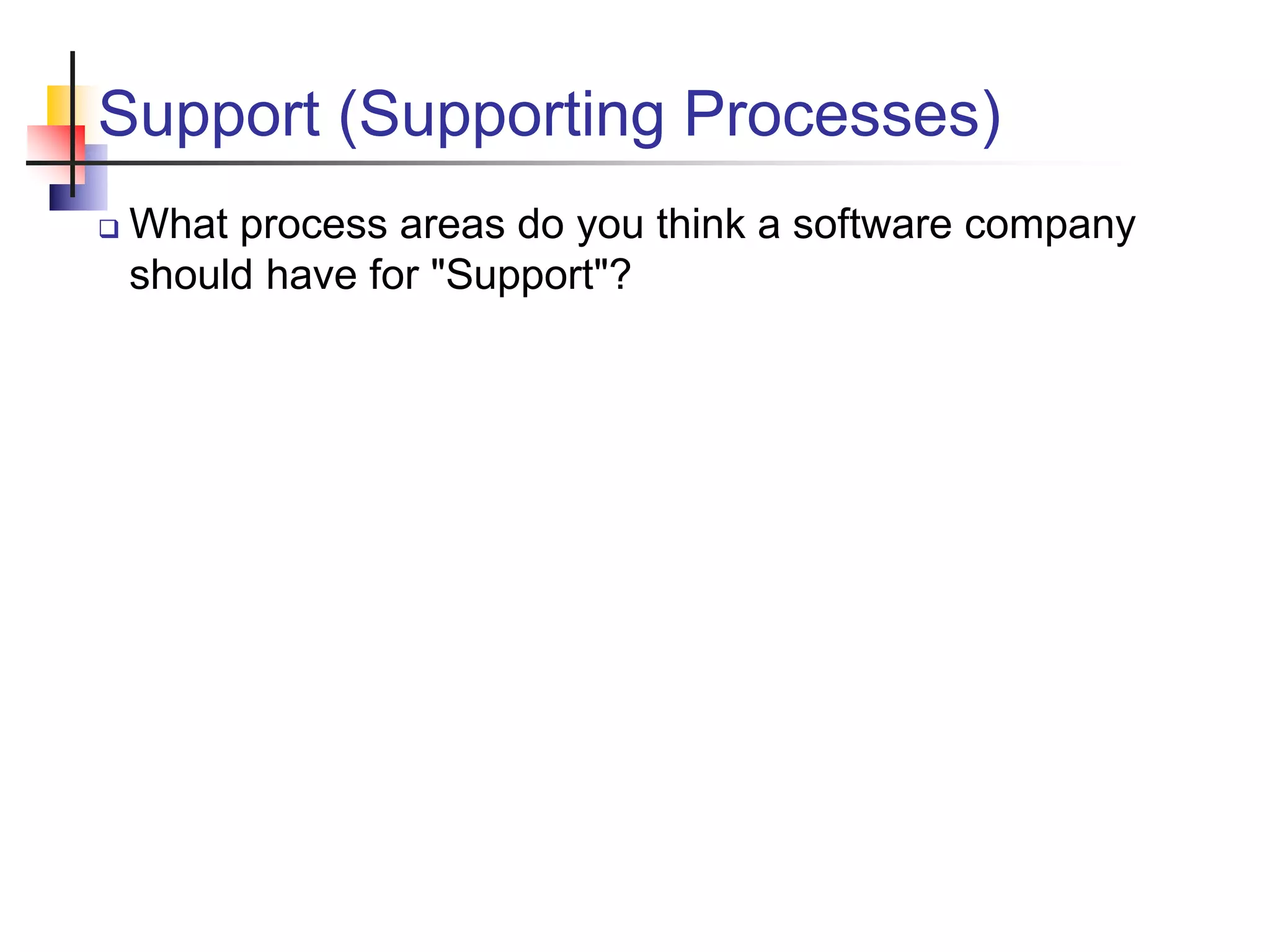 Support (Supporting Processes)
 What process areas do you think a software company
should have for "Support"?
 