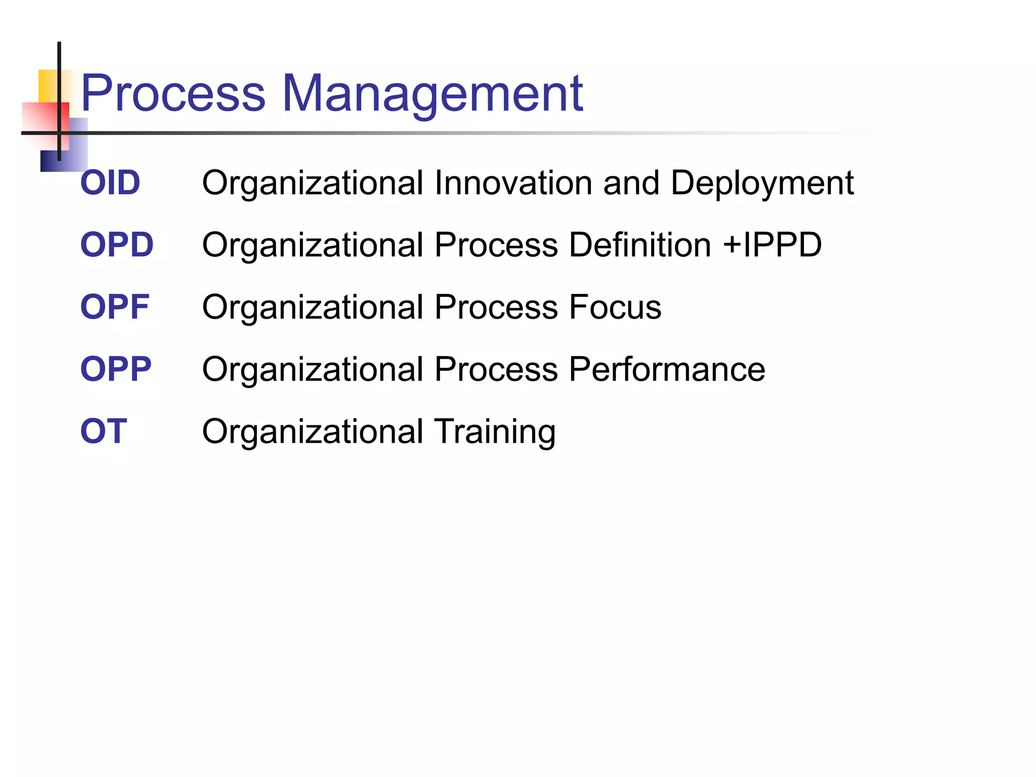 Process Management
OID Organizational Innovation and Deployment
OPD Organizational Process Definition +IPPD
OPF Organizational Process Focus
OPP Organizational Process Performance
OT Organizational Training
 
