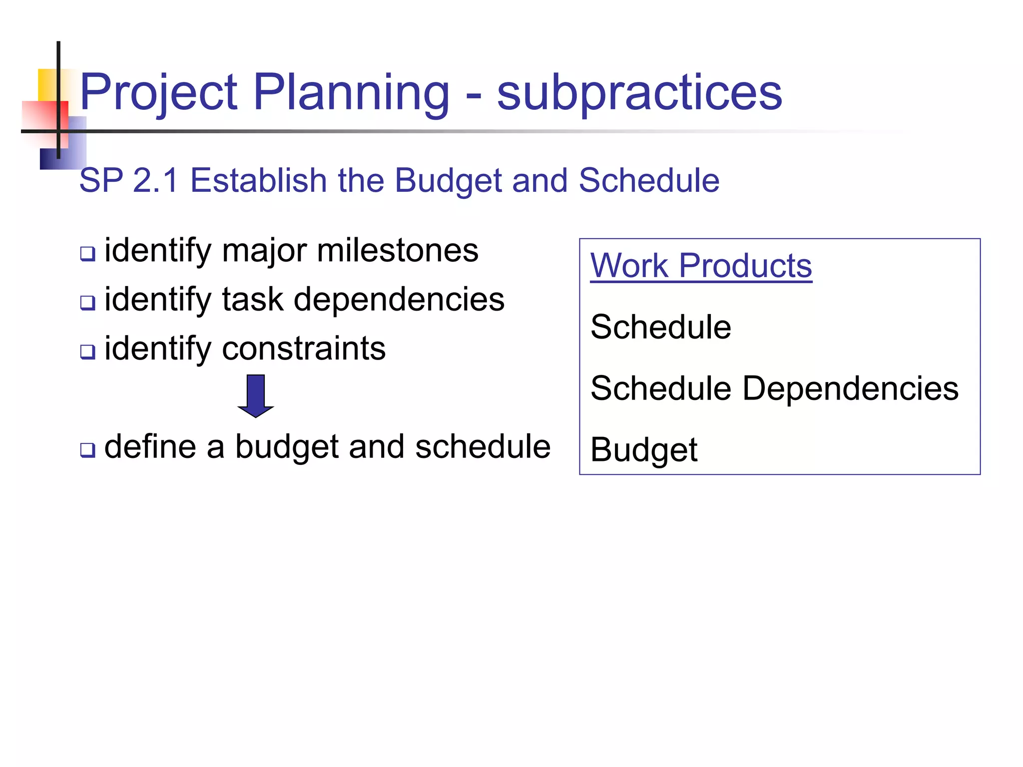 Project Planning - subpractices
SP 2.1 Establish the Budget and Schedule
 identify major milestones
 identify task dependencies
 identify constraints
 define a budget and schedule
Work Products
Schedule
Schedule Dependencies
Budget
 