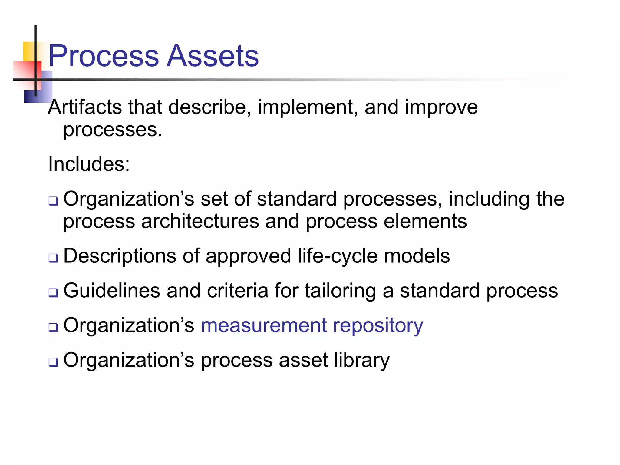 Process Assets
Artifacts that describe, implement, and improve
processes.
Includes:
 Organization’s set of standard processes, including the
process architectures and process elements
 Descriptions of approved life-cycle models
 Guidelines and criteria for tailoring a standard process
 Organization’s measurement repository
 Organization’s process asset library
 