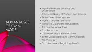 ADVANTAGES
OF CMMI
MODEL
• Improved Process Efficiency and
Effectiveness
• Enhanced Quality of Products and Services
• Better Project Management
• Higher Customer Satisfaction
• Increased Organizational Capability
• Competitive Advantage
• Cost Reduction
• Continuous Improvement Culture
• Better Collaboration and Communication
• Risk Mitigation
• Compliance and Regulatory Benefits
 