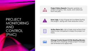PROJECT
MONITORING
AND
CONTROL
(PMC)
Project Status Reports: Regular updates on
project progress, risks, issues, and variances
from the plan.
Issue Logs: A log of issues encountered during
the project, along with their resolution status.
Action Items List: A list of tasks and actions that
need to be completed to keep the project on
track.
Change Control Board (CCB) Meeting Minutes:
Minutes from meetings where project changes
are reviewed and approved.
 