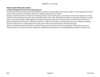 CMMI-DEV_1.3_Tool.xlsx
PROJECT MONITORING AND CONTROL
A Project Management Process Area at Maturity Level 2
The purpose of Project Monitoring and Control (PMC) is to provide an understanding of the project’s progress so that appropriate corrective
actions can be taken when the project’s performance deviates significantly from the plan.
A project’s documented plan is the basis for monitoring activities, communicating status, and taking corrective action. Progress is primarily
determined by comparing actual work product and task attributes, effort, cost, and schedule to the plan at prescribed milestones or control
levels in the project schedule or WBS. Appropriate visibility of progress enables timely corrective action to be taken when performance
deviates significantly from the plan. A deviation is significant if, when left unresolved, it precludes the project from meeting its objectives.
The term “project plan” is used throughout this process area to refer to the overall plan for controlling the project.
When actual status deviates significantly from expected values, corrective actions are taken as appropriate. These actions can require
replanning, which can include revising the original plan, establishing new agreements, or including additional mitigation activities in the
PMC 5/9/2013 225 of 436
 