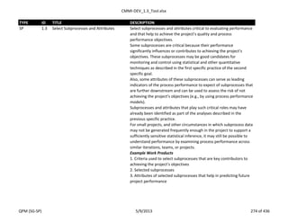 CMMI-DEV_1.3_Tool.xlsx
TYPE ID TITLE DESCRIPTION
SP 1.3 Select Subprocesses and Attributes Select subprocesses and attributes critical to evaluating performance
and that help to achieve the project’s quality and process
performance objectives.
Some subprocesses are critical because their performance
significantly influences or contributes to achieving the project’s
objectives. These subprocesses may be good candidates for
monitoring and control using statistical and other quantitative
techniques as described in the first specific practice of the second
specific goal.
Also, some attributes of these subprocesses can serve as leading
indicators of the process performance to expect of subprocesses that
are further downstream and can be used to assess the risk of not
achieving the project’s objectives (e.g., by using process performance
models).
Subprocesses and attributes that play such critical roles may have
already been identified as part of the analyses described in the
previous specific practice.
For small projects, and other circumstances in which subprocess data
may not be generated frequently enough in the project to support a
sufficiently sensitive statistical inference, it may still be possible to
understand performance by examining process performance across
similar iterations, teams, or projects.
Example Work Products
1. Criteria used to select subprocesses that are key contributors to
achieving the project’s objectives
2. Selected subprocesses
3. Attributes of selected subprocesses that help in predicting future
project performance
QPM (SG-SP) 5/9/2013 274 of 436
 