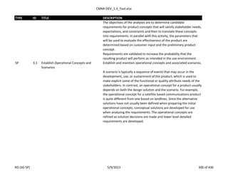 CMMI-DEV_1.3_Tool.xlsx
TYPE ID TITLE DESCRIPTION
The objectives of the analyses are to determine candidate
requirements for product concepts that will satisfy stakeholder needs,
expectations, and constraints and then to translate these concepts
into requirements. In parallel with this activity, the parameters that
will be used to evaluate the effectiveness of the product are
determined based on customer input and the preliminary product
concept.
Requirements are validated to increase the probability that the
resulting product will perform as intended in the use environment.
SP 3.1 Establish Operational Concepts and
Scenarios
Establish and maintain operational concepts and associated scenarios.
A scenario is typically a sequence of events that may occur in the
development, use, or sustainment of the product, which is used to
make explicit some of the functional or quality attribute needs of the
stakeholders. In contrast, an operational concept for a product usually
depends on both the design solution and the scenario. For example,
the operational concept for a satellite based communications product
is quite different from one based on landlines. Since the alternative
solutions have not usually been defined when preparing the initial
operational concepts, conceptual solutions are developed for use
when analyzing the requirements. The operational concepts are
refined as solution decisions are made and lower level detailed
requirements are developed.
RD (SG-SP) 5/9/2013 300 of 436
 