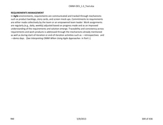 CMMI-DEV_1.3_Tool.xlsx
REQUIREMENTS MANAGEMENT
In Agile environments, requirements are communicated and tracked through mechanisms
such as product backlogs, story cards, and screen mock-ups. Commitments to requirements
are either made collectively by the team or an empowered team leader. Work assignments
are regularly (e.g., daily, weekly) adjusted based on progress made and as an improved
understanding of the requirements and solution emerge. Traceability and consistency across
requirements and work products is addressed through the mechanisms already mentioned
as well as during start-of-iteration or end-of-iteration activities such as ―retrospectives‖ and
―demo days.‖ (See Interpreting CMMI When Using Agile Approaches in Part I.)
RM 5/9/2013 309 of 436
 