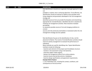 CMMI-DEV_1.3_Tool.xlsx
TYPE ID TITLE DESCRIPTION
Risk identification should be an organized, thorough approach to seek
out
probable or realistic risks in achieving objectives. To be effective, risk
identification should not attempt to address every possible event.
Using categories and parameters developed in the risk management
strategy and
identified sources of risk can provide the discipline and streamlining
appropriate for risk identification. Identified risks form a baseline for
initiating risk management activities. Risks should be reviewed
periodically
to reexamine possible sources of risk and changing conditions to
uncover
sources and risks previously overlooked or nonexistent when the risk
management strategy was last updated.
Risk identification focuses on the identification of risks, not the
placement of blame. The results of risk identification activities should
never be used by management to evaluate the performance of
individuals.
Many methods are used for identifying risks. Typical identification
methods include the following:
- Examine each element of the project work breakdown structure.
- Conduct a risk assessment using a risk taxonomy.
- Interview subject matter experts.
- Review risk management efforts from similar products.
- Examine lessons learned documents or databases.
- Examine design specifications and agreement requirements.
Example Work Products
1. List of identified risks, including the context, conditions, and
consequences of risk occurrence
RSKM (SG-SP) 5/9/2013 324 of 436
 