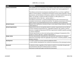 CMMI-DEV_1.3_Tool.xlsx
TERM DEFINITION
The complete set of circumstances and conditions under which services are delivered in
accordance with service agreements. (See also “service” and “service agreement.”)
The delivery environment encompasses everything that has or can have a significant
effect on service delivery, including but not limited to service system operation, natural
phenomena, and the behavior of all parties, whether or not they intend to have such an
effect. For example, consider the effect of weather or traffic patterns on a
transportation service. (See also ―service system.‖)
The delivery environment is uniquely distinguished from other environments (e.g.,
simulation environments, testing environments). The delivery environment is the one in
which services are actually delivered and count as satisfying a service agreement.
derived measure Measure that is defined as a function of two or more values of base measures. (See also
“base measure.”)
Requirements that are not explicitly stated in customer requirements but are inferred
(1) from contextual requirements (e.g., applicable standards, laws, policies, common
practices, management decisions) or (2) from requirements needed to specify a product
or service component.
Derived requirements can also arise during analysis and design of components of the
product or service. (See also ―product requirements.‖)
design review A formal, documented, comprehensive, and systematic examination of a design to
determine if the design meets the applicable requirements, to identify problems, and to
propose solutions.
To create a product or service system by deliberate effort.
In some contexts, development can include the maintenance of the developed product.
A collection of data, regardless of the medium on which it is recorded, that generally
has permanence and can be read by humans or machines.
Documents include both paper and electronic documents.
derived requirements
delivery environment
document
development
GLOSSARY 5/9/2013 408 of 436
 