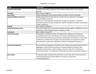 CMMI-DEV_1.3_Tool.xlsx
TERM DEFINITION
example work product An informative model component that provides sample outputs from a specific
practice.
executive (See “senior manager.”)
exit criteria States of being that must be present before an effort can end successfully.
CMMI components that describe the activities that are important in achieving a
required CMMI component.
Model users can implement the expected components explicitly or implement
equivalent practices to these components. Specific and generic practices are expected
model components.
findings (See “appraisal findings.”)
formal evaluation process A structured approach to evaluating alternative solutions against established criteria to
determine a recommended solution to address an issue.
framework (See “CMMI Framework.”)
functional analysis Examination of a defined function to identify all the subfunctions necessary to
accomplish that function; identification of functional relationships and interfaces
(internal and external) and capturing these relationships and interfaces in a functional
architecture; and flow down of upper level requirements and assignment of these
requirements to lower level subfunctions. (See also “functional architecture.”)
functional architecture The hierarchical arrangement of functions, their internal and external (external to the
aggregation itself) functional interfaces and external physical interfaces, their
respective requirements, and their design constraints. (See also “architecture,”
“functional analysis,” and “definition of required functionality and quality attributes.”)
generic goal A required model component that describes characteristics that must be present to
institutionalize processes that implement a process area. (See also
“institutionalization.”)
expected CMMI components
GLOSSARY 5/9/2013 410 of 436
 