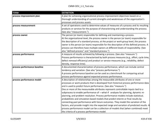CMMI-DEV_1.3_Tool.xlsx
TERM DEFINITION
process improvement plan A plan for achieving organizational process improvement objectives based on a
thorough understanding of current strengths and weaknesses of the organization’s
processes and process assets.
process measurement A set of operations used to determine values of measures of a process and its resulting
products or services for the purpose of characterizing and understanding the process.
(See also “measurement.”)
The person (or team) responsible for defining and maintaining a process.
At the organizational level, the process owner is the person (or team) responsible for
the description of a standard process; at the project or work group level, the process
owner is the person (or team) responsible for the description of the defined process. A
process can therefore have multiple owners at different levels of responsibility. (See
also "defined process" and "standard process.")
A measure of results achieved by following a process. (See also “measure.”)
Process performance is characterized by both process measures (e.g., effort, cycle time,
defect removal efficiency) and product or service measures (e.g., reliability, defect
density, response time).
A documented characterization of process performance, which can include central
tendency and variation. (See also “process performance.”)
A process performance baseline can be used as a benchmark for comparing actual
process performance against expected process performance.
A description of relationships among the measurable attributes of one or more
processes or work products that is developed from historical process performance data
and is used to predict future performance. (See also “measure.”)
One or more of the measureable attributes represent controllable inputs tied to a
subprocess to enable performance of ―what-if‖ analyses for planning, dynamic re-
planning, and problem resolution. Process performance models include statistical,
probabilistic and simulation based models that predict interim or final results by
connecting past performance with future outcomes. They model the variation of the
factors, and provide insight into the expected range and variation of predicted results. A
process performance model can be a collection of models that (when combined) meet
the criteria of a process performance model.
process performance model
process performance baseline
process performance
process owner
GLOSSARY 5/9/2013 418 of 436
 
