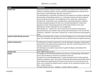 CMMI-DEV_1.3_Tool.xlsx
TERM DEFINITION
A group of products sharing a common, managed set of features that satisfy specific
needs of a selected market or mission and that are developed from a common set of
core assets in a prescribed way. (See also “service line.”)
The development or acquisition of products for the product line is based on exploiting
commonality and bounding variation (i.e., restricting unnecessary product variation)
across the group of products. The managed set of core assets (e.g., requirements,
architectures, components, tools, testing artifacts, operating procedures, software)
includes prescriptive guidance for their use in product development. Product line
operations involve interlocking execution of the broad activities of core asset
development, product development, and management.
Many people use ―product line‖ just to mean the set of products produced by a
particular business unit, whether they are built with shared assets or not. We call that
collection a "portfolio," and reserve "product line" to have the technical meaning given
here.
product related lifecycle processes Processes associated with a product or service throughout one or more phases of its life
(e.g., from conception through disposal), such as manufacturing and support processes.
A refinement of customer requirements into the developers’ language, making implicit
requirements into explicit derived requirements. (See also “derived requirements” and
“product component requirements.”)
The developer uses product requirements to guide the design and building of the
product or service.
product suite (See “CMMI Product Suite.”)
A managed set of interrelated activities and resources, including people, that delivers
one or more products or services to a customer or end user.
A project has an intended beginning (i.e., project startup) and end. Projects typically
operate according to a plan. Such a plan is frequently documented and specifies what is
to be delivered or implemented, the resources and funds to be used, the work to be
done, and a schedule for doing the work. A project can be composed of projects. (See
also ―project startup.‖)
In some contexts, the term ―program‖ is used to refer to a project.
product requirements
product line
project
GLOSSARY 5/9/2013 420 of 436
 