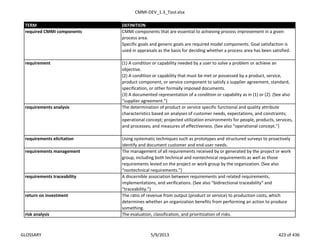 CMMI-DEV_1.3_Tool.xlsx
TERM DEFINITION
CMMI components that are essential to achieving process improvement in a given
process area.
Specific goals and generic goals are required model components. Goal satisfaction is
used in appraisals as the basis for deciding whether a process area has been satisfied.
requirement (1) A condition or capability needed by a user to solve a problem or achieve an
objective.
(2) A condition or capability that must be met or possessed by a product, service,
product component, or service component to satisfy a supplier agreement, standard,
specification, or other formally imposed documents.
(3) A documented representation of a condition or capability as in (1) or (2). (See also
“supplier agreement.”)
requirements analysis The determination of product or service specific functional and quality attribute
characteristics based on analyses of customer needs, expectations, and constraints;
operational concept; projected utilization environments for people, products, services,
and processes; and measures of effectiveness. (See also “operational concept.”)
requirements elicitation Using systematic techniques such as prototypes and structured surveys to proactively
identify and document customer and end-user needs.
requirements management The management of all requirements received by or generated by the project or work
group, including both technical and nontechnical requirements as well as those
requirements levied on the project or work group by the organization. (See also
“nontechnical requirements.”)
requirements traceability A discernible association between requirements and related requirements,
implementations, and verifications. (See also “bidirectional traceability” and
“traceability.”)
return on investment The ratio of revenue from output (product or service) to production costs, which
determines whether an organization benefits from performing an action to produce
something.
risk analysis The evaluation, classification, and prioritization of risks.
required CMMI components
GLOSSARY 5/9/2013 423 of 436
 