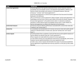CMMI-DEV_1.3_Tool.xlsx
TERM DEFINITION
A service agreement that specifies delivered services; service measures; levels of
acceptable and unacceptable services; and expected responsibilities, liabilities, and
actions of both the provider and customer in anticipated situations. (See also
“measure,” “service,” and “service agreement.”)
A service level agreement is a kind of service agreement that documents the details
indicated in the definition.
The use of the term "service agreement" always includes "service level agreement" as a
subcategory and the former may be used in place of the latter for brevity. However,
"service level agreement" is the preferred term when it is desired to emphasize
situations in which distinct levels of acceptable services exist, or other details of a
service level agreement are likely to be important to the discussion.
service level measure A measure of service delivery performance associated with a service level. (See also
“measure” and “service level.”)
service line A consolidated and standardized set of services and service levels that satisfy specific
needs of a selected market or mission area. (See also “product line” and “service
level.”)
A communication from a customer or end user that one or more specific instances of
service delivery are desired. (See also “service agreement.”)
These requests are made within the context of a service agreement.
In cases where services are to be delivered continuously or periodically, some service
requests may be explicitly identified in the service agreement itself.
In other cases, service requests that fall within the scope of a previously established
service agreement are generated over time by customers or end users as their needs
develop.
service request
service level agreement
GLOSSARY 5/9/2013 426 of 436
 