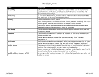 CMMI-DEV_1.3_Tool.xlsx
TERM DEFINITION
traceability A discernible association among two or more logical entities such as requirements,
system elements, verifications, or tasks. (See also “bidirectional traceability” and
“requirements traceability.”)
trade study An evaluation of alternatives, based on criteria and systematic analysis, to select the
best alternative for attaining determined objectives.
Formal and informal learning options.
These learning options can include classroom training, informal mentoring, web-based
training, guided self study, and formalized on-the-job training programs.
The learning options selected for each situation are based on an assessment of the
need for training and the performance gap to be addressed.
unit testing Testing of individual hardware or software units or groups of related units. (See also
“acceptance testing.”)
Confirmation that the product or service, as provided (or as it will be provided), will
fulfill its intended use.
In other words, validation ensures that "you built the right thing." (See also
"verification.")
Confirmation that work products properly reflect the requirements specified for them.
In other words, verification ensures that "you built it right." (See also "validation.")
The establishment and maintenance of baselines and the identification of changes to
baselines that make it possible to return to the previous baseline.
In some contexts, an individual work product may have its own baseline and a level of
control less than formal configuration control may be sufficient.
work breakdown structure (WBS) An arrangement of work elements and their relationship to each other and to the end
product or service.
version control
verification
validation
training
GLOSSARY 5/9/2013 435 of 436
 
