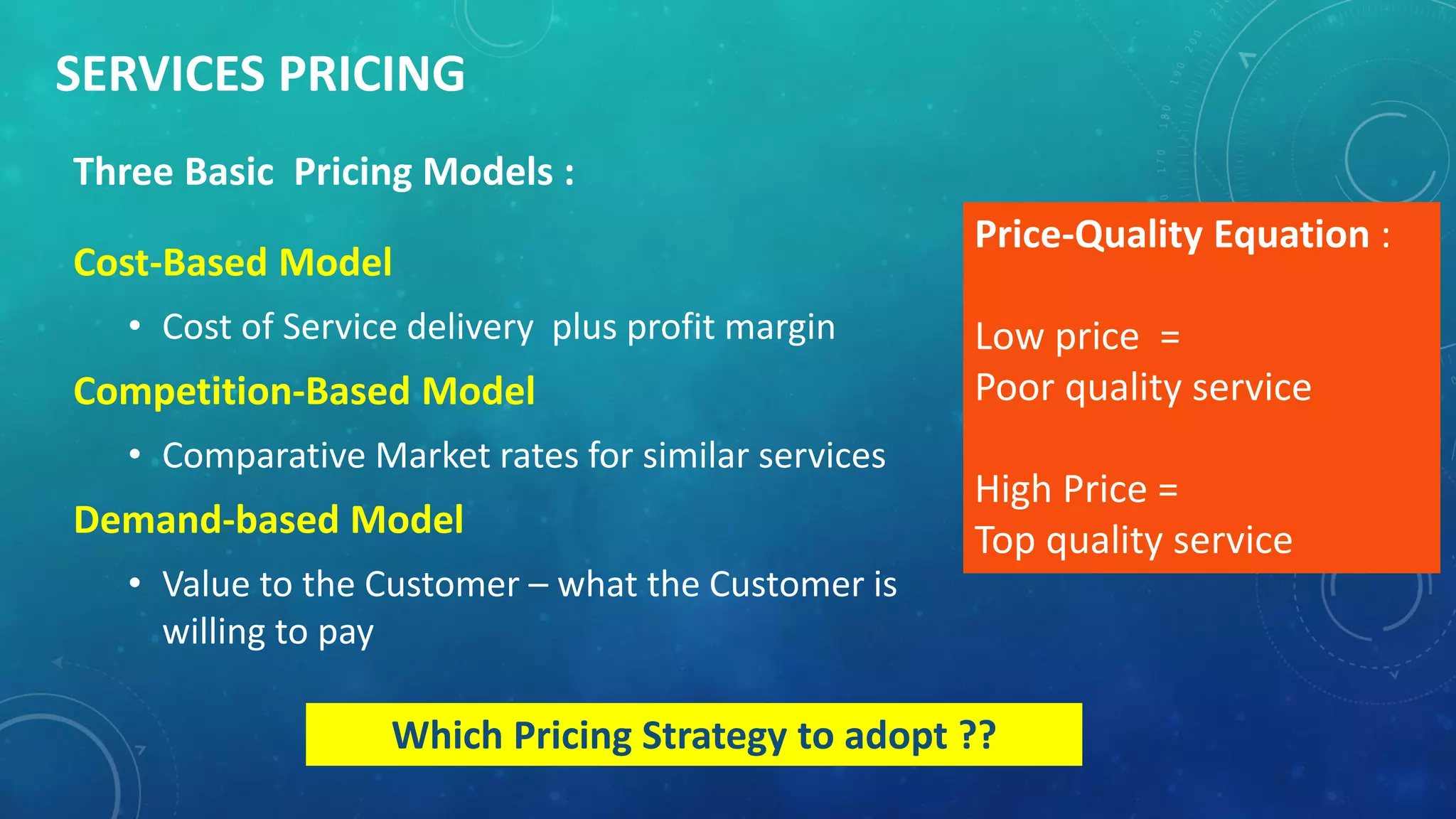 SERVICES PRICING
Cost-Based Model
• Cost of Service delivery plus profit margin
Competition-Based Model
• Comparative Market rates for similar services
Demand-based Model
• Value to the Customer – what the Customer is
willing to pay
Price-Quality Equation :
Low price =
Poor quality service
High Price =
Top quality service
Three Basic Pricing Models :
Which Pricing Strategy to adopt ??
 