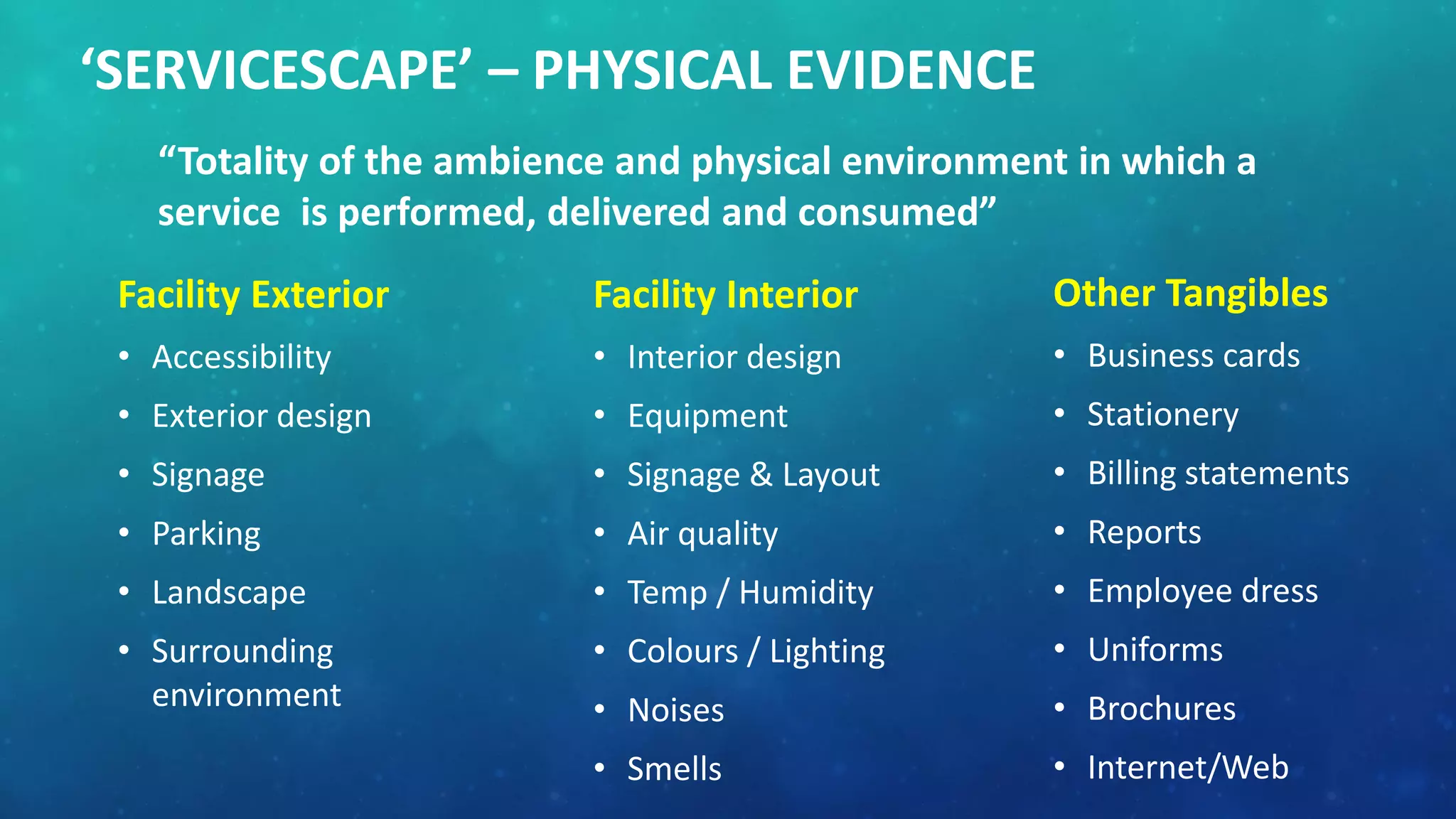‘SERVICESCAPE’ – PHYSICAL EVIDENCE
Facility Exterior
• Accessibility
• Exterior design
• Signage
• Parking
• Landscape
• Surrounding
environment
Facility Interior
• Interior design
• Equipment
• Signage & Layout
• Air quality
• Temp / Humidity
• Colours / Lighting
• Noises
• Smells
Other Tangibles
• Business cards
• Stationery
• Billing statements
• Reports
• Employee dress
• Uniforms
• Brochures
• Internet/Web
“Totality of the ambience and physical environment in which a
service is performed, delivered and consumed”
 