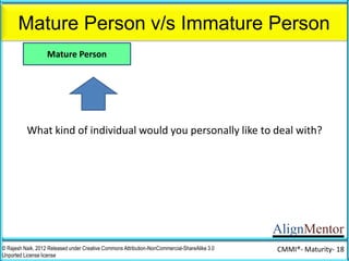 AlignMentor
Mature Person v/s Immature Person
© Rajesh Naik, 2012 Released under Creative Commons Attribution-NonCommercial-ShareAlike 3.0
Unported License license
CMMI®- Maturity- 18
Mature Person Immature Person
What kind of individual would you personally like to deal with?
OR
 