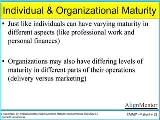 AlignMentor
• Individuals change their maturity at different rates,
depending on the focused efforts they put in
• Some people become more mature as they age, some
get stuck, and a few regress
• Some become mature with the passage of time, some
take help of mentors and coaches, and others become
mature through self-study and practice
• As they learn new things, they time to internalize these
new habits (and institutionalize them), before taking up
further new things to master
• Same is true for organizations too!
Individual & Organizational Maturity
© Rajesh Naik, 2012 Released under Creative Commons Attribution-NonCommercial-ShareAlike 3.0
Unported License license
CMMI®- Maturity- 21
 