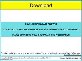 AlignMentor
Mature Person v/s Immature Person
© Rajesh Naik, 2012 Released under Creative Commons Attribution-NonCommercial-ShareAlike 3.0
Unported License license
CMMI®- Maturity- 3
Mature Person Immature Person
 