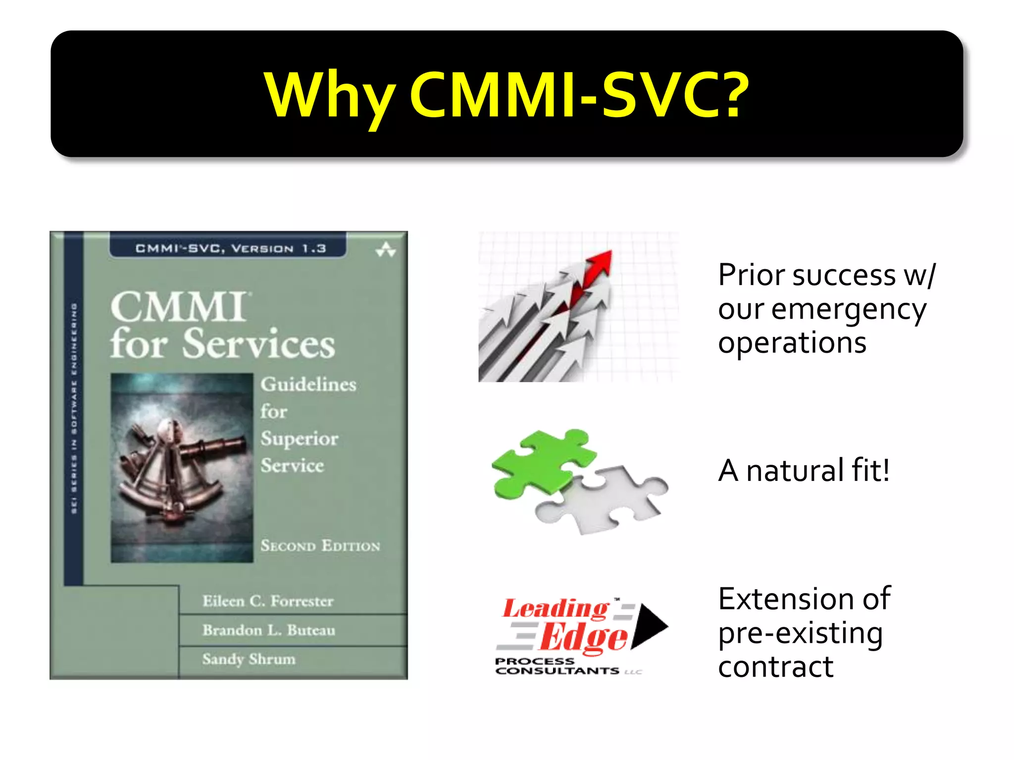 Why CMMI-SVC?

            Prior success w/
            our emergency
            operations


            A natural fit!


            Extension of
            pre-existing
            contract
 