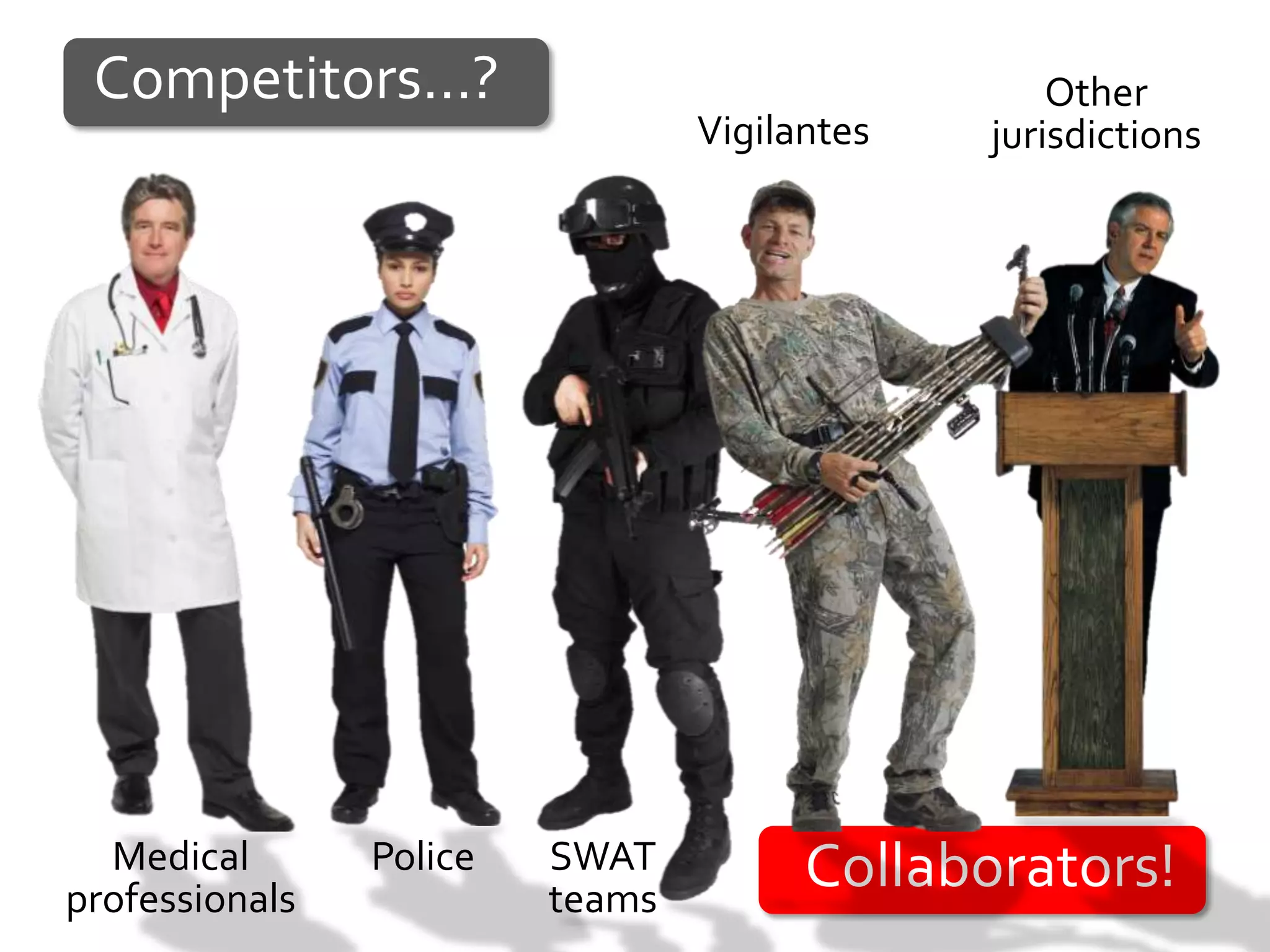 Competitors…?                                    Other
                                 Vigilantes   jurisdictions




  Medical       Police   SWAT          Collaborators!
professionals            teams
 