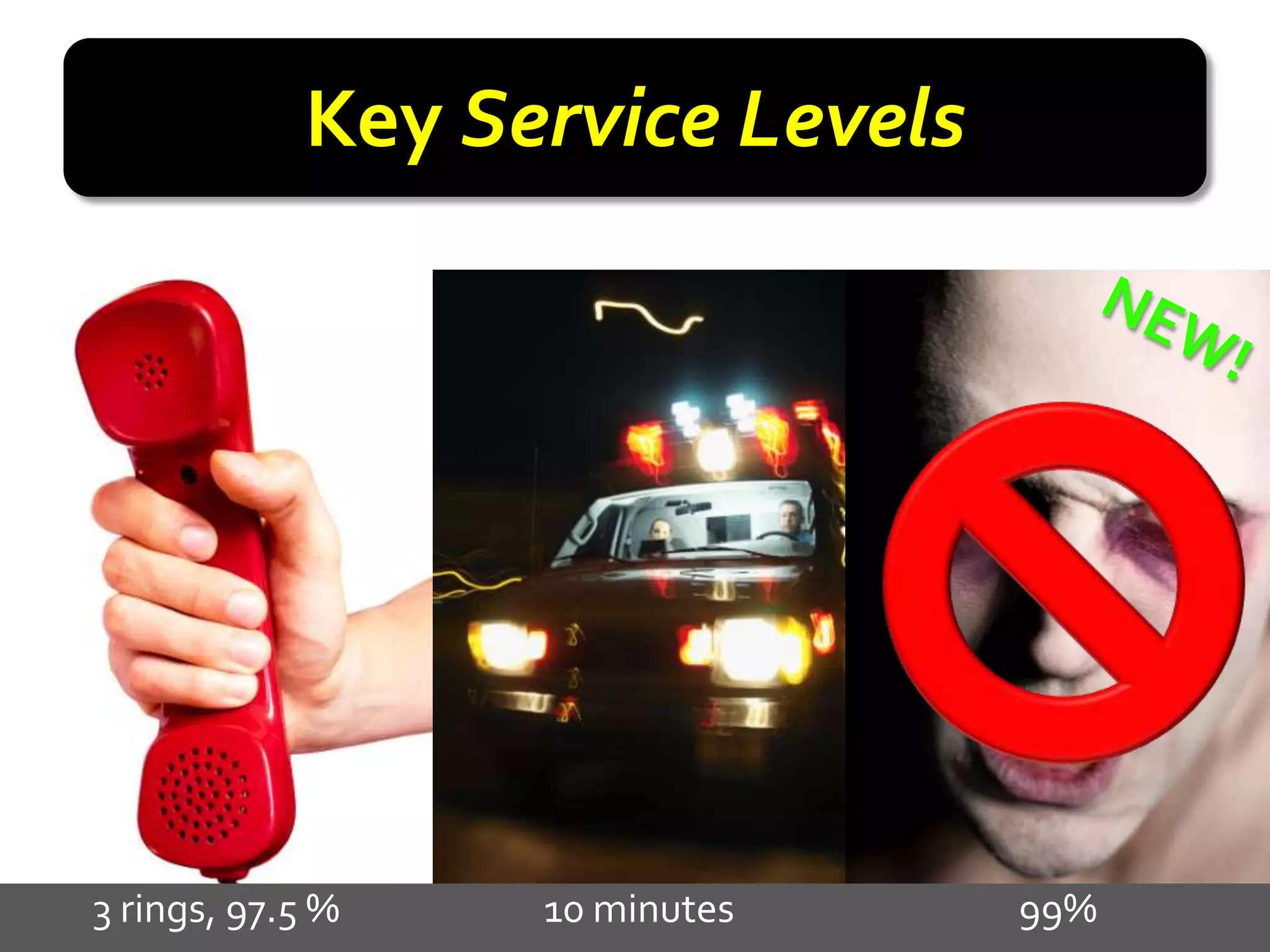 Key Service Levels




3 rings, 97.5 %   10 minutes     99%
 