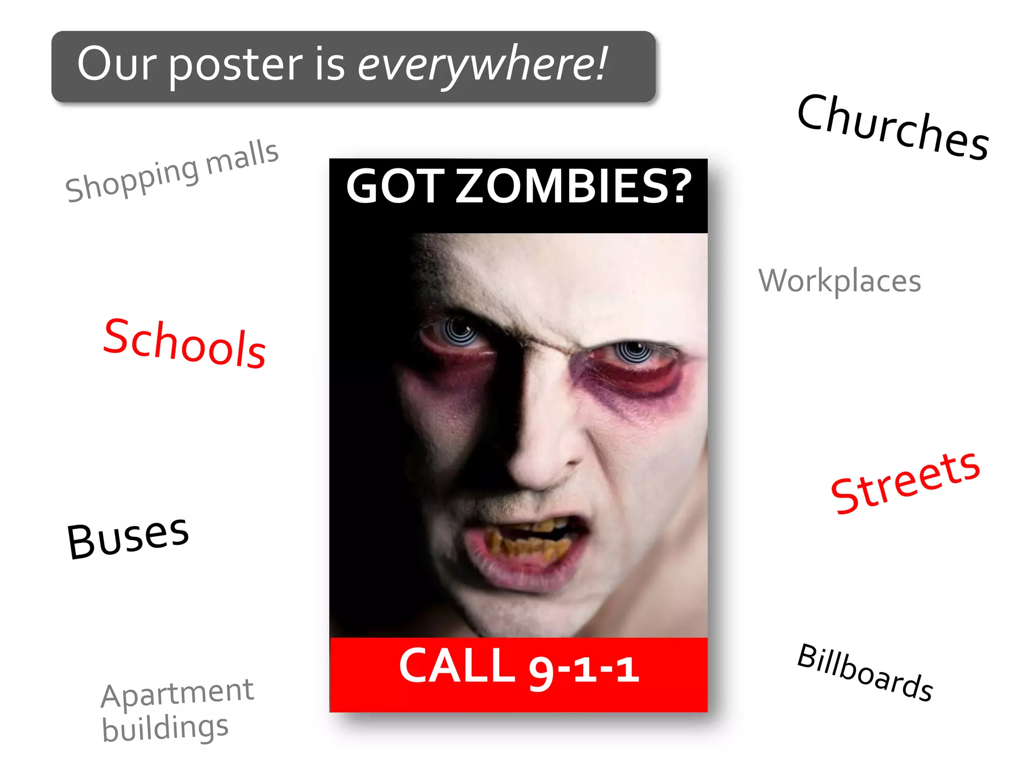 Our poster is everywhere!

            GOT ZOMBIES?
                            Workplaces




               CALL 9-1-1
 